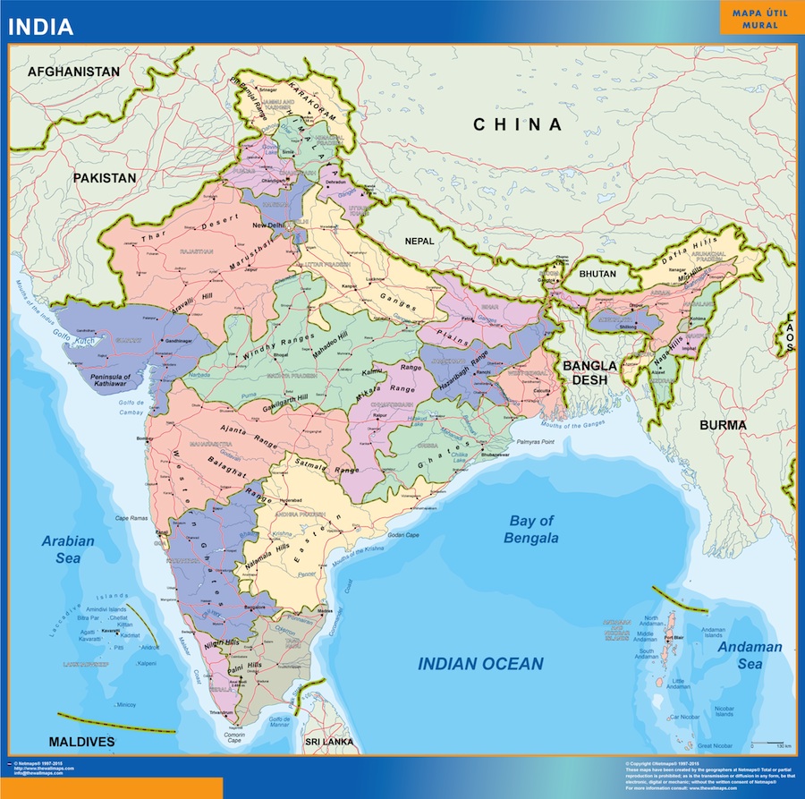 Mapa India gran tamaño mural de pared